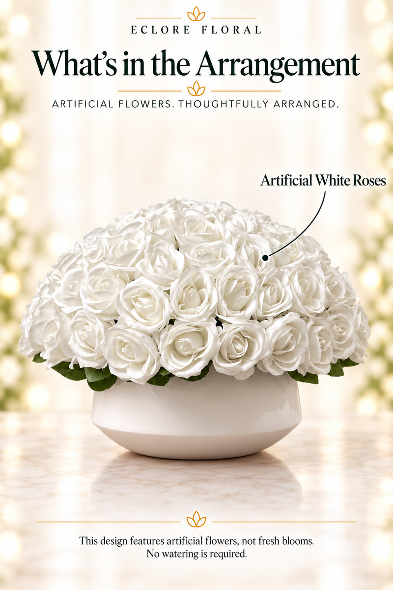 Eclore Floral — What's in the Arrangement: White On White Artificial Floral Centerpiece. Artificial flower identification guide.