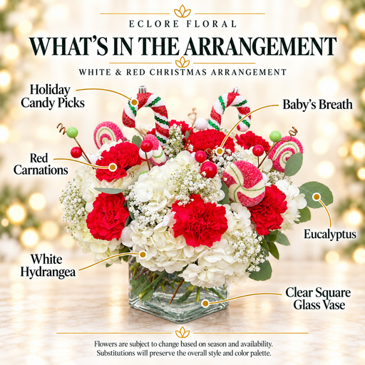 White & Red Christmas Floral Arrangement flower guide