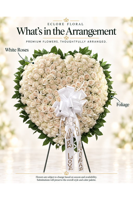Eclore Floral — What’s in the Arrangement: Full Rose Heart [SS009] – White Rose Standing Heart Tribute. Flowers may vary with season and availability.