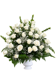 White rose sympathy funeral basket arrangement