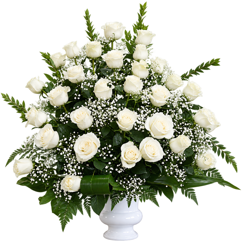 White rose sympathy funeral basket arrangement