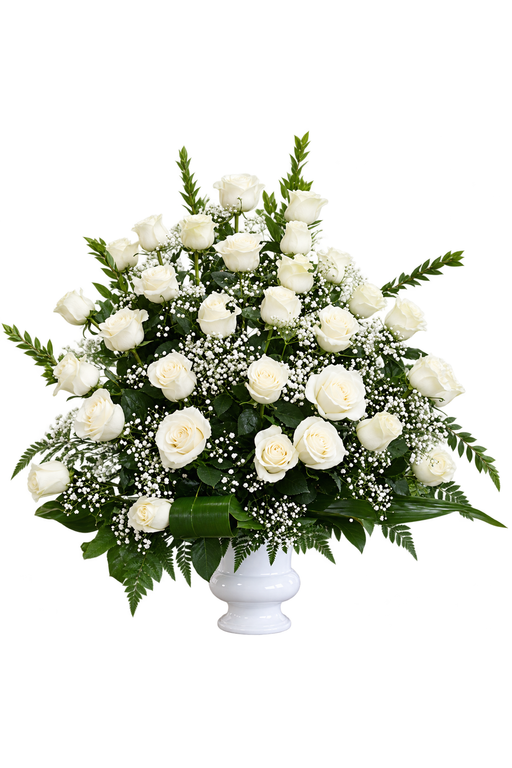 White rose sympathy funeral basket arrangement