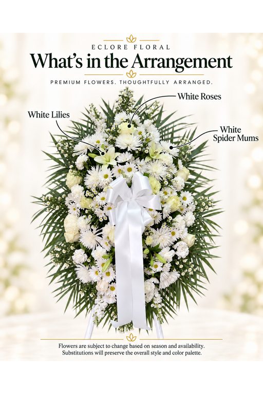 White Elegance Standing Spray [SS022] — Eclore Floral flower guide. Flowers are subject to season and availability; substitutions preserve style and color palette.