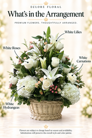 Eclore Floral — What's in the Arrangement: White Sympathy Basket. Flower identification guide with seasonal availability disclaimer.