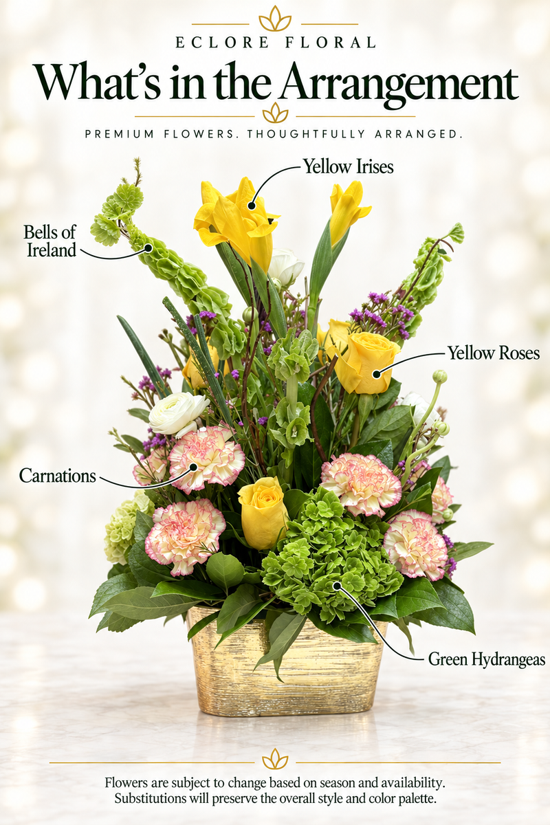 Yellow Crush Floral Arrangement | Yellow Roses, Hydrangeas & Carnations — Eclore Floral flower guide with seasonal availability disclosure