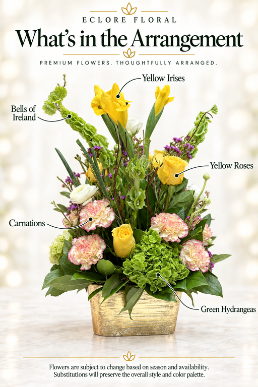 Yellow Crush Floral Arrangement | Yellow Roses, Hydrangeas & Carnations — Eclore Floral flower guide with seasonal availability disclosure
