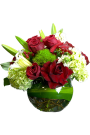 Elegant Bella’s Fish Bowl arrangement with red roses, lilies, green trick dianthus, and hydrangeas in a modern glass vase – New Jersey florist.