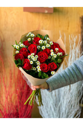 Bouquet of one dozen long-stem red roses with white filler flowers, wrapped in kraft paper – Eclore Floral New Jersey