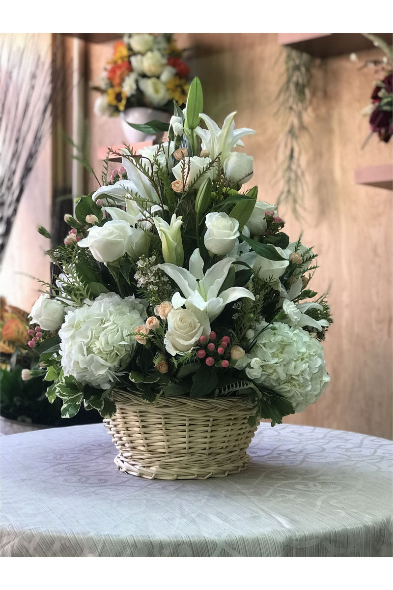 All White Basket floral arrangement with white hydrangeas, lilies, and roses — Eclore Floral Hackensack NJ delivery