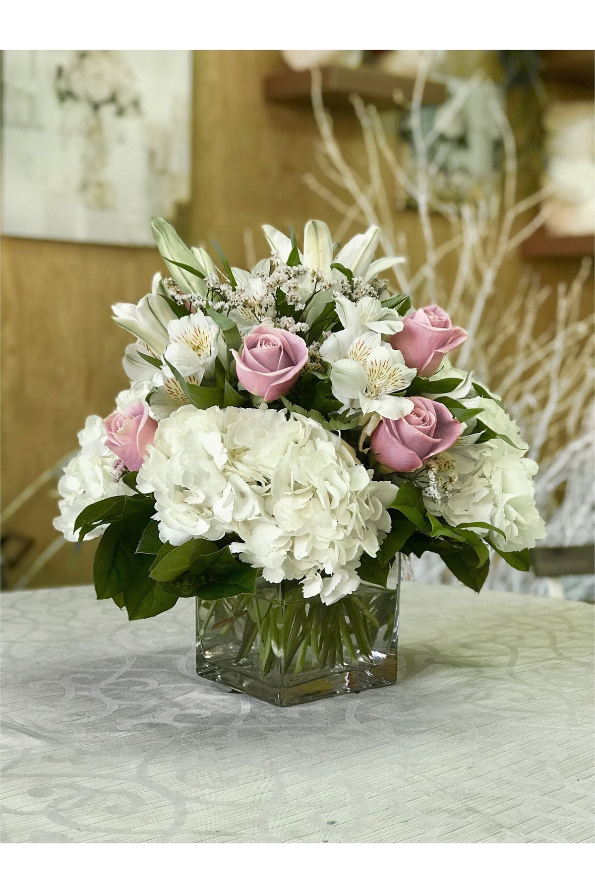 Clear Violet – Pink Roses, White Hydrangea & Lilies — Eclore Floral
