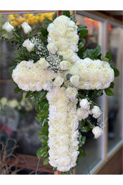All-white funeral cross standing spray with roses and mums – SS001 – Eclore Floral Hackensack NJ