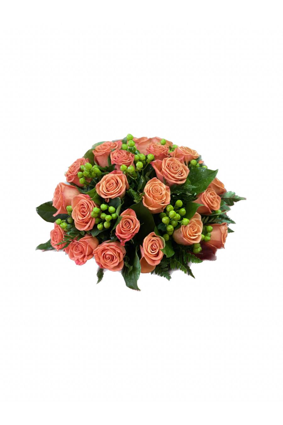 Peach rose bouquet with green hypericum berries and greenery – NJ same-day flower delivery.